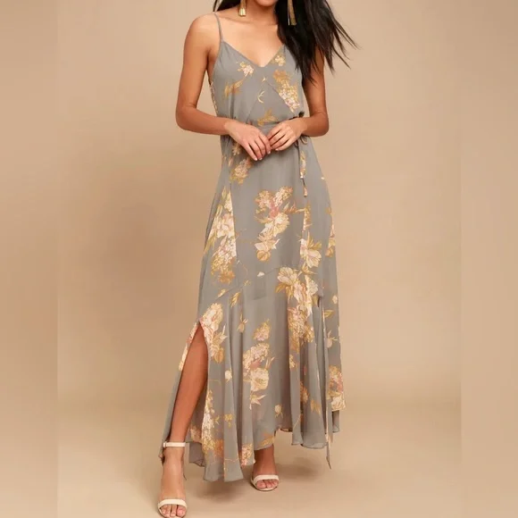 Lulus Dresses Lulus Feeling Freesia Grey Floral Print Maxi